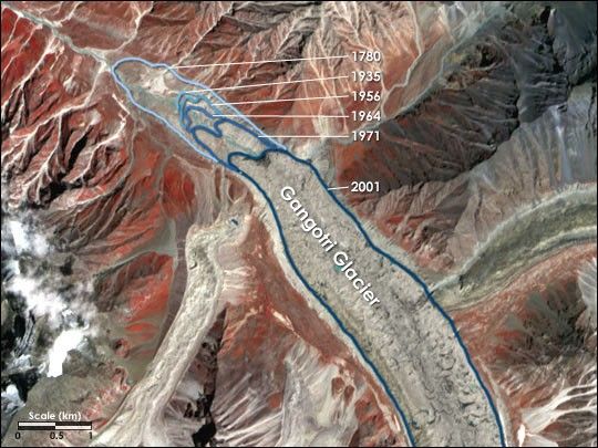 Satellite view of Gangotri Glacier with historical glacier-front positions marked from 1780 to 2001.